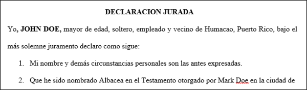 Declaración Jurada Aceptación Del Cargo De Albacea Tusdocumentospr