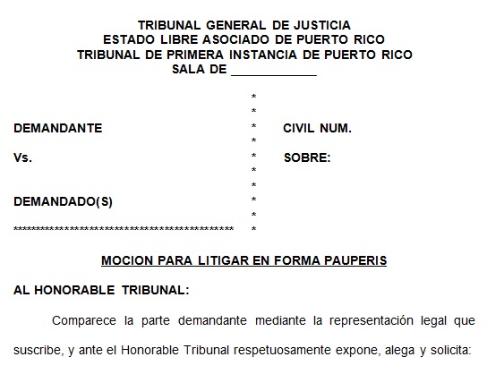 Moción Para Litigar En Forma Pauperis | Tusdocumentospr.com - Modelos ...