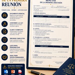 Plantilla editable de minutas de la primera reunión de socios y accionistas para registrar asistencia, quórum, acuerdos y firmas.