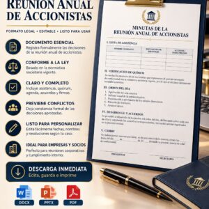 Plantilla editable de minutas de la reunión anual de accionistas para registrar asistencia, quórum, orden del día, acuerdos, resoluciones y firmas.