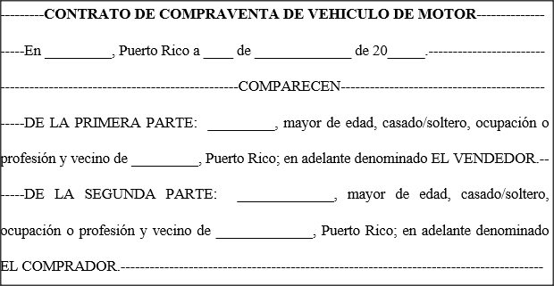 Contrato de Compraventa de Vehículo de Motor  - Modelos  de Documentos Legales, Formularios y Contratos en Puerto Rico