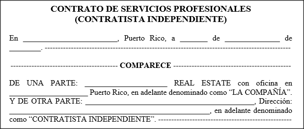 Contrato Contratista Independiente - Corredor o Vendedor -   - Modelos de Documentos Legales, Formularios y Contratos  en Puerto Rico