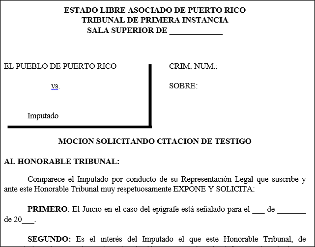 Moción solicitando citación de testigos  - Modelos de  Documentos Legales, Formularios y Contratos en Puerto Rico