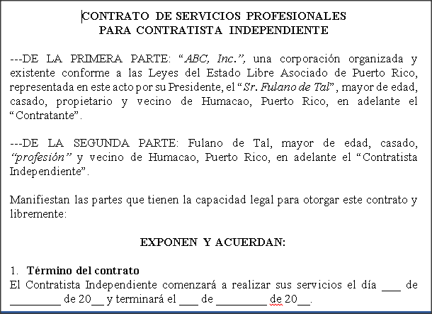 Contrato de Servicios profesionales contratista independiente -   - Modelos de Documentos Legales, Formularios y Contratos  en Puerto Rico