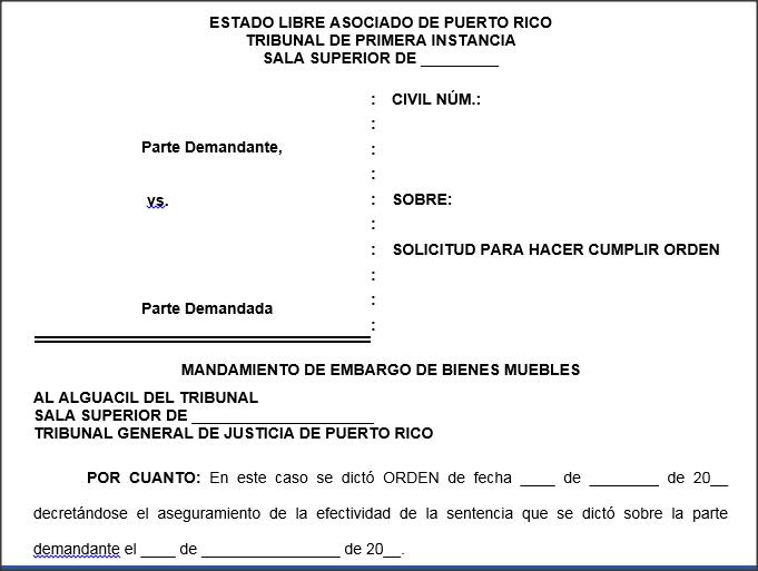 Mandamiento sobre ejecución de sentencia  - Modelos de  Documentos Legales, Formularios y Contratos en Puerto Rico