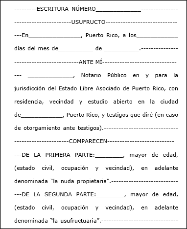 Constitución usufructo viudal - Escritura  - Modelos  de Documentos Legales, Formularios y Contratos en Puerto Rico
