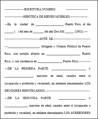 Hipoteca - Escritura - De bienes muebles  - Modelos de  Documentos Legales, Formularios y Contratos en Puerto Rico