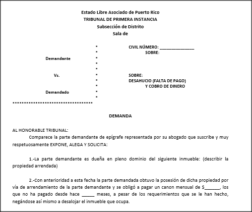 Desahucio - Demanda  - Modelos de Documentos Legales,  Formularios y Contratos en Puerto Rico