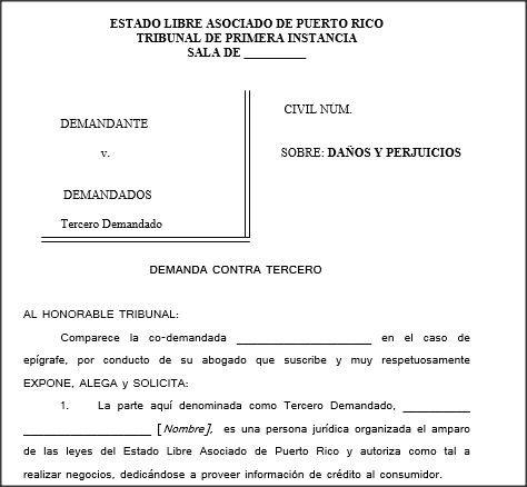 Demanda - Contra Tercero (Daños y Perjuicios)  -  Modelos de Documentos Legales, Formularios y Contratos en Puerto Rico