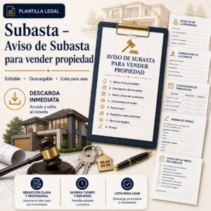 Plantilla descargable de aviso de subasta para vender una propiedad en Puerto Rico con formularios y documentos complementarios.