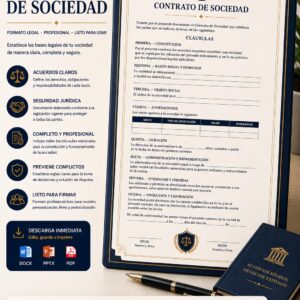 Contrato de sociedad editable con cláusulas para socios, aportaciones, administración y distribución de beneficios