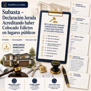 Plantilla descargable de declaración jurada acreditando la colocación de edictos en lugares públicos para una subasta de propiedad en Puerto Rico.