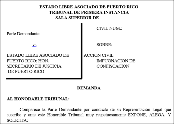 Demanda Impugnación de Confiscación - Dinero