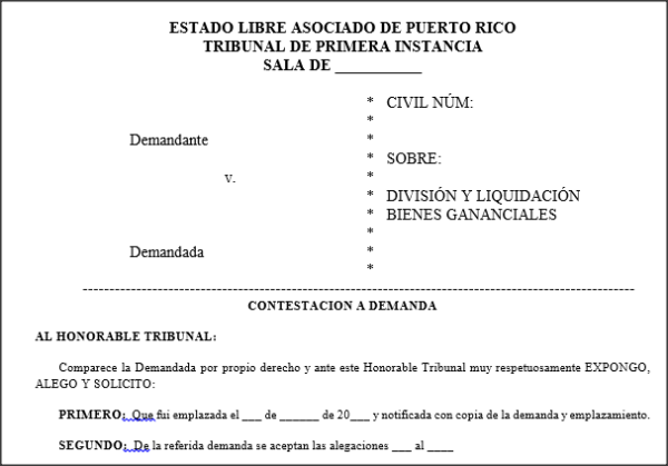 Liquidación de bienes gananciales - Contestación a Demanda