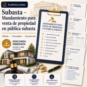 Plantilla descargable de mandamiento para venta de propiedad en pública subasta en Puerto Rico con formularios y documentos complementarios.