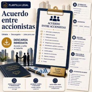 Plantilla legal descargable de acuerdo entre accionistas con cláusulas sobre participación accionaria, confidencialidad y resolución de controversias.