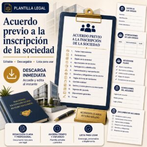 Plantilla legal descargable para formalizar un acuerdo previo entre socios antes de la inscripción de una sociedad en Puerto Rico.