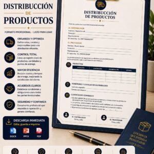Modelo editable de acuerdo de distribución de productos con condiciones para distribuidor y proveedor.