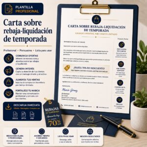 Plantilla profesional de carta para anunciar una rebaja y liquidación de temporada con ofertas especiales y descuentos por tiempo limitado.