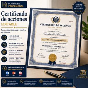 Plantilla editable de certificado de acciones para sociedades y corporaciones en Puerto Rico con formato profesional listo para imprimir.