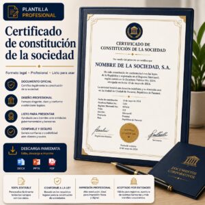 Modelo descargable de certificado de constitución de empresa con formato corporativo profesional y editable.