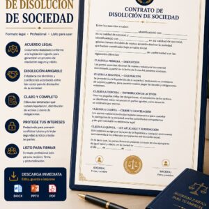 Plantilla de contrato de disolución de sociedad editable y lista para personalizar, firmar e imprimir.