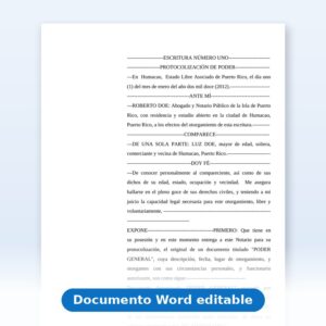 Vista de la primera página: Escritura de Protocolizacion de Poder-Estados Unidos