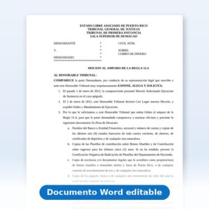 Vista de la primera página: Cobro de Dinero - Ordinario - Moción al Amparo de la Regla 51.4