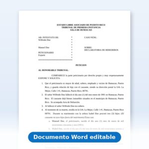 Vista de la primera página: Declaratoria de Herederos - Petición - Sin Viuda