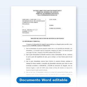 Vista de la primera página: Cobro de Dinero - Ordinario - Moción Solicitando Ejecución de Sentencia Sin Fianza