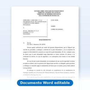 Vista de la primera página: Cobro de Dinero - Regla 60 - Requerimiento de Embargo de Dinero en Banco