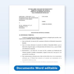 Vista de la primera página: Cobro de Dinero - Ordinario - Solicitud de Sentencia Sumaria en Rebeldía