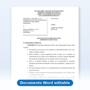 Vista de la primera página: Cobro de Dinero - Regla 60 - Moción Solicitando Relevo de Representación Legal