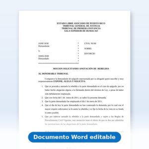 Vista de la primera página: Moción Solicitando Anotación de Rebeldía y Señalamiento-Divorcio