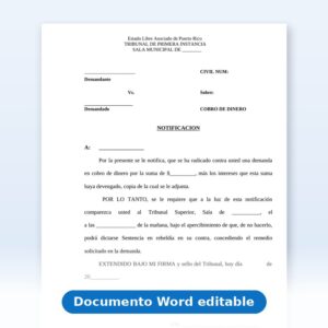 Vista de la primera página: Regla 60 - Cobro de Dinero - Notificacion