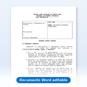 Vista de la primera página: Pensión Alimentaria - Demanda contra tercero - Considerando ingresos conyuge