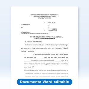 Vista de la primera página: Solicitud - Moción - Permiso para Enmendar Contestacion a la Demanda