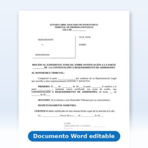 Vista de la primera página: Requerimiento de Admisiones - Mociòn al expediente judicial sobre notificación de contestacion a requerimiento de admisiones