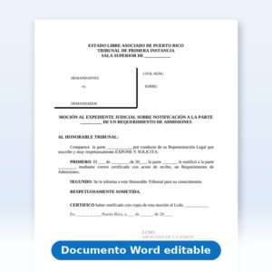 Vista de la primera página: Requerimiento de Admisiones - Mociòn al expediente judicial sobre notificación de un requerimiento de admisiones