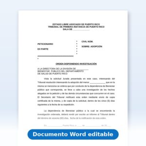 Vista de la primera página: Orden Disponiendo Investigación de Adopción