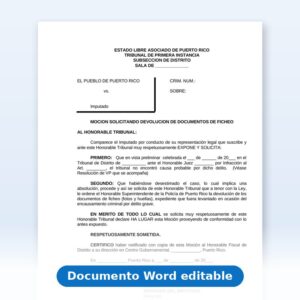 Vista de la primera página: Moción Solicitando Devolución Documento de Ficheo