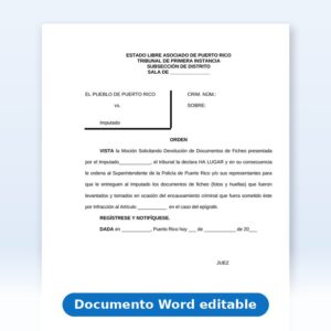 Vista de la primera página: Orden Devolución Documento de Ficheo