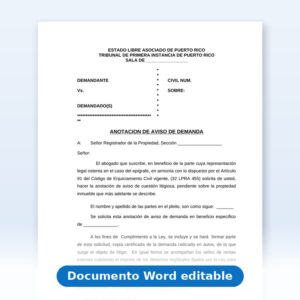 Vista de la primera página: Anotacion de Aviso de Demanda en el Registro de la Propiedad