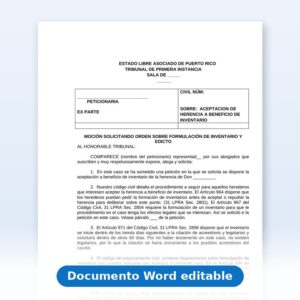 Vista de la primera página: Mocion solicitando orden sobre formulación de inventario y edicto