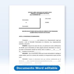 Vista de la primera página: Moción Solicitando Devolución de Crédito por Pensión Alimentaria