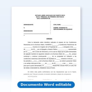 Vista de la primera página: Orden de interdicto de servidumbre de equidad