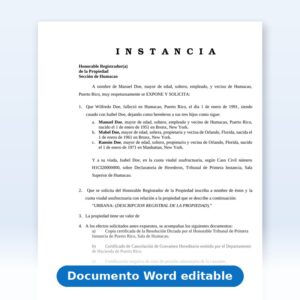 Vista de la primera página: Instancia - Inscribir por resolución de declaratoria de herederos