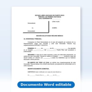Vista de la primera página: Moción Solicitando Récord Médicos