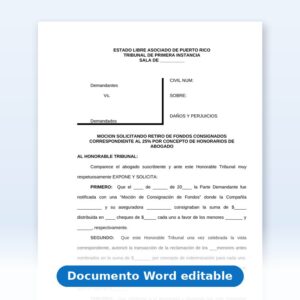 Vista de la primera página: Mocion Solicitando Retiro de Fondo de Honorarios Abogados