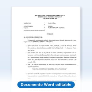 Vista de la primera página: Partición de herencia - Petición - Autorización Judicial para venta